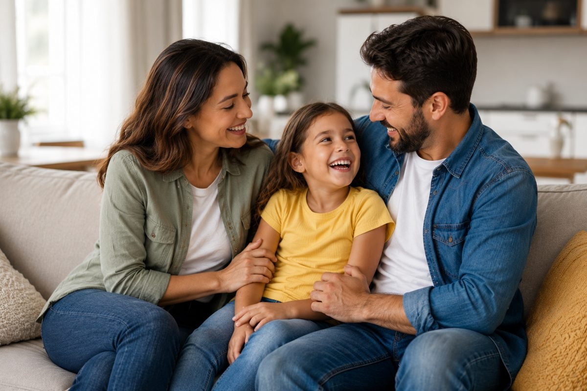 Casal com uma criança sorrindo
